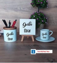 Gelin Hediye Seti Dekoratif Taş, Kalemlik, Ahşap Altlıklı Türk Kahvesi Fincanı Hediye (Model 2)