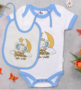 BK Kids Kişiye Özel Uyku Vakti Tasarımlı Mavi Bebek Body Zıbın ve Mama Önlüğü Hediye Seti
