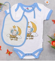 BK Kids Kişiye Özel Uyku Vakti Tasarımlı Mavi Bebek Body Zıbın ve Mama Önlüğü Hediye Seti