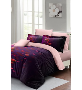 Çift Kişilik ( Lastikli Çarşaflı ) Sevgililer Günü Nevresim Takımı % 100 Pamuk Saten Purple Love