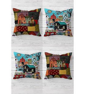 Patchwork Evler Desenli Gizli Fermuarlı Kırlent Kılıfı Koltuk Yastık Kılıfı Takım(4adet) (Kiremit)