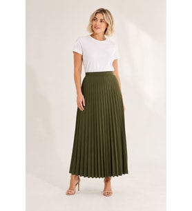 Yüksek Bel Beli Lastikli Akordiyon Piliseli Maxi Boy Etek 8940-Haki