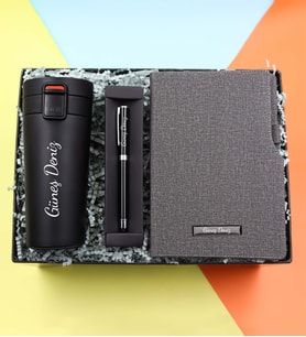 Kişiye Özel 350 ML Kilitli Siyah Çelik Termos & Termo Deri Gri Defter & Kalın Siyah Touch Pen Hediye Seti