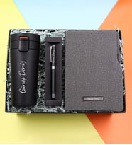 Kişiye Özel 350 ML Kilitli Siyah Çelik Termos & Termo Deri Gri Defter & Kalın Siyah Touch Pen Hediye Seti
