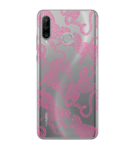 Huawei P30 Lite Uyumlu Pembe Leopar Desenli Şeffaf Telefon Kılıfı
