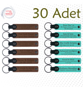 A Kahve & Turkuaz, Seyahat Grubuna Küçük Hediye, 30’lu Set, Kişiye Özgü Yazılı Deri Anahtarlık