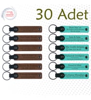 A Kahve & Turkuaz, Seyahat Grubuna Küçük Hediye, 30’lu Set, Kişiye Özgü Yazılı Deri Anahtarlık