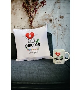 En Tatlı Doktora Hediye Kupa Bardak ve Yastık Set (Beyaz)