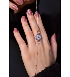 925 Ayar Gümüş Rose Kaplama Top Zincirli, Zirkon Taşlı Halkalı Nazar Bileklik