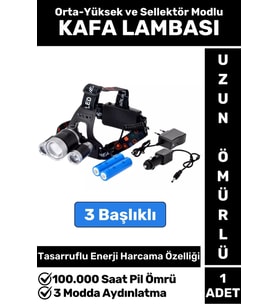 Profesyonel Kamp Avcı Balıkçı Deprem Güçlü Işık 3 Modlu Şarjlı 3 Başlıklı KAFA LAMBASI