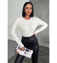 Rahat Ve Şık Uzun Kollu Bisiklet Yaka Likralı Viskon Penye Body Ekru