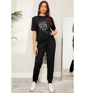 Unisex Woman one line Baskılı 2'li Eşofman Takımı (Siyah)