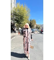 Siyah Çizgi Desenli Elbiseli Hırka Takım Pudra Siyah