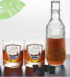 BK Gift Kişiye Özel İsimli DTF Kaptan Tasarımlı İkili Viski Kadehi, Viski Taşı ve Karaf Seti-5, Arkadaşa Hediye, Sevgiliye Hediye