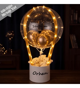Kişiye Özel Led Işıklı, Gold Detaylı Peluş Ayıcıklı Balon Aranjmanı - Yeni Doğan Bebek Hediyesi