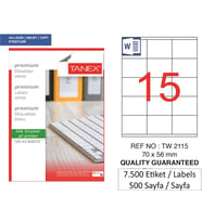 Tanex Lazer Etiket tw-2115 500 A4 Sayfa Laser Etiket  70 x 56 mm Boyutunda 1 A4 Sayfada 15 Etiket