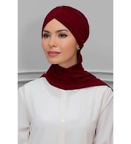 Bordo Pratik Hazır Geçmeli Tesettür Bone Sandy Kumaş Taçlı Büzgülü Şifon Atkılı 1208A_16