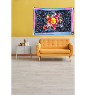 Mor Güneşve Yıldız Leke Tutmaz Kadife Kumaş Duvar Örtüsü Duvar Halısı Tapestry (Mavi-Sarı)
