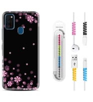 Samsung M21 M22 M23 M30 M31S M32 Kılıf Kablo Koruma Spiral Silikon Black flowers 1391