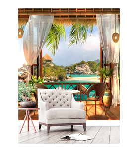 Dreamwall Tropikal Deniz Manzaralı Balkon Desen Sağlıklı Tekstil Duvar Kağıdı (Çok Renkli)