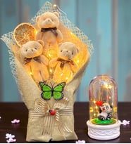 Led Işıklı Büyük Boy Peluş Ayıcık Buketi ve Led Işıklı Biblolu Fanus Hediye Seti (Model 8)