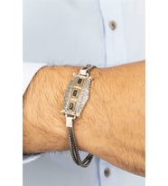 Üç Sıra Siyah Taş Detaylı Otantik Gümüş Erkek Bileklik