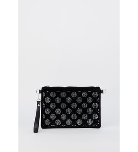 Kadın Puantiyeli Gümüş Taşlı Süet Bilek Askılı Ve Zincir Askılı Portföy Ve Clutch Çanta