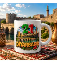 Diyarbakır Temalı Memleket Kupası – 21 Diyarbakır Surları Tarihi Köprü ve Karpuz Renkli Baskılı Seramik Kupa