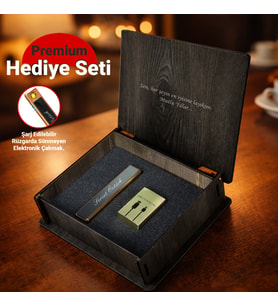 Kişiye Özel Şarj Edilebilir Elektrikli Çakmak + Şarj Kablosu – Ahşap Kutulu Hediye Seti