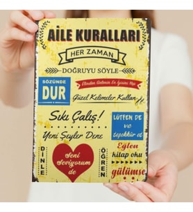 Çılgıntrend Aıle Kuralları Ahşap Duvar ve Kapı Süsü- Retro Ahşap Pano 28 x 20