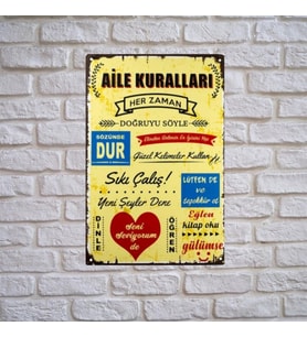 Aıle Kuralları Ahşap Duvar ve Kapı Süsü- Retro Ahşap Pano 28 x 20