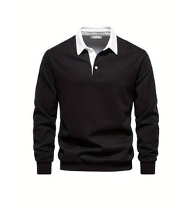 Ghassy Co. Erkek Retro Renk Bloklu Pamuklu Gömlek Yaka Sweatshirt (Siyah)