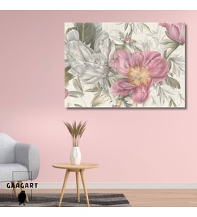Tekli Yatay Kanvas Duvar Tablosu Soft Pembe Gri Çiçekler