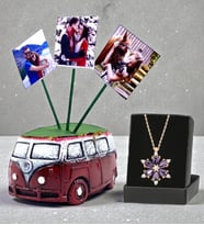 Kişiye Özel Hediye Seti Gerçek Ametist Taşlı Lotus Kolye ve 3 Fotoğraflı Vosvos Saksı Hediye Seti (Model 5)