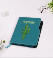 BK Gift Kişiye Özel Kaktüs Tasarımlı Turkuaz Termo Deri Defter-1