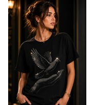 Özgürlük Kristal Taş İşlemeli Unisex Oversize Tişört Premium Siyah Tasarım
