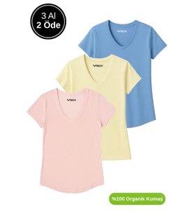 Kadın 3'lü Paket Mavi-Sarı-Pudra %100 Organik Pamuk Normal Kesim Tişört V Yaka T-Shirt