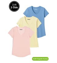 Kadın 3'lü Paket Mavi-Sarı-Pudra %100 Organik Pamuk Normal Kesim Tişört V Yaka T-Shirt