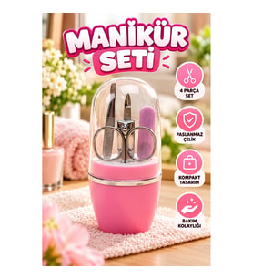 4 Parça Pembe Manikür Pedikür Seti – Tırnak Makası, Makas, Cımbız ve Törpü