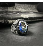 925 Ayar Gümüş Kelime-i Tevhid İşlemeli Mavi Topaz Taşlı Erkek Yüzük