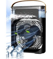 Beyaz Buzlu Vantilatör Mini Fan 5 Spreyli Su Püskürtmeli Buz Hazneli 600 ML Buhar Makinesi Nemlendirici Mini Klima (Siyah)