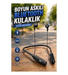 60 Saat Kablolu Boyun Askılı Bluetooth Kulaklık Dijital Ekranlı Bluetooth 5.3 Kulaklık