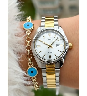 Casio Çelik Kordon, Gümüş/Sarı Renk, Takvimli Kadın Kol Saati+Bileklik