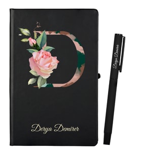 Kişiye Özel Hazırlanmış Siyah Defter ve Siyah Roller Kalem Seti
