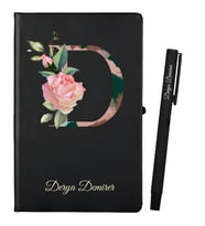 Kişiye Özel Hazırlanmış Siyah Defter ve Siyah Roller Kalem Seti