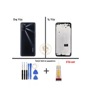 Oppo A72 Siyah Uyumlu Lensli Orta Kasa + Yapıştırıcı ve Vida Seti Full Kasa Kapak Gövde Housing