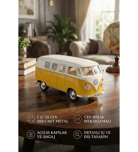 1:32 Ölçek Metal Çek Bırak Nostaljik Volkswagen T1 Minibüs Vosvos Oyuncak Araba - Sarı (13 cm)