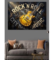 Vintage Rock N Roll Gitar Tabela Dekoratif Kanvas - Mdf Ahşap Tablo