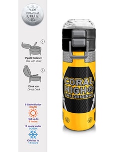 Coral High Erkek Çocuk 500 ml Okul ve Günlük Paslanmaz Çelik Termos - Sarı Siyah Robot Desenli - Sızdırmaz