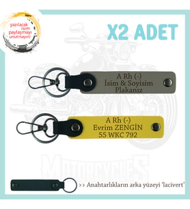 Sürücülere, İsim Plaka ve A Rh (-) Kan Grubu Yazılı Kişiye Özel x2 Anahtarlık Set, Kül Gri-Sarı-Laci